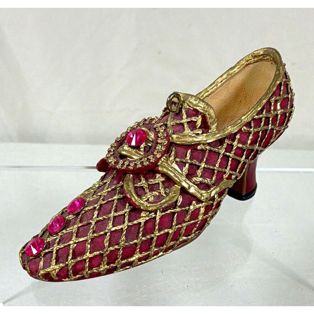 Miniature Victorian Shoe Figurine Burgundy Gold Pink Rhinestone 3"